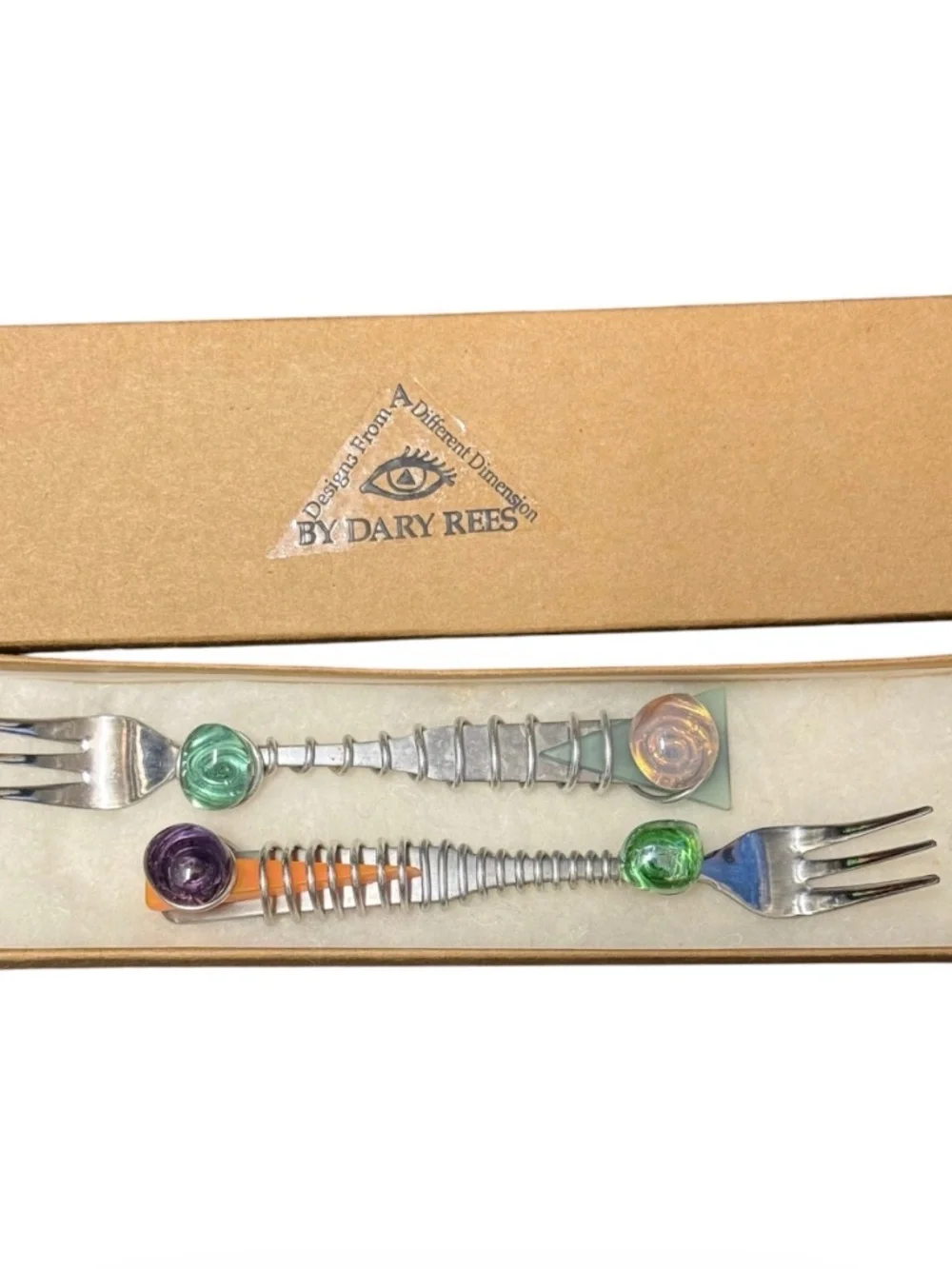 Vintage Dary Rees Glass & Wire Wrapped Dessert / Appetizer Forks Set of 2 NIB